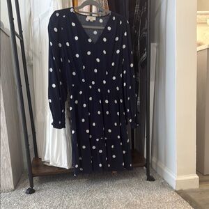 LOFT White and Blue Bishop Sleeve V-Neck Sundress